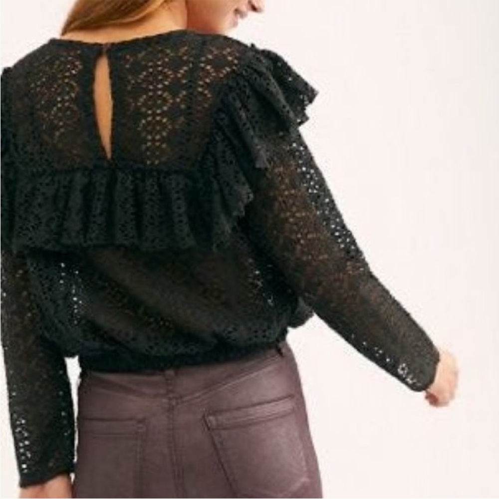 Free People FP Beach Feel The Love Black Crochet Long Sleeve Ruffle Top Small - Picture 3 of 15
